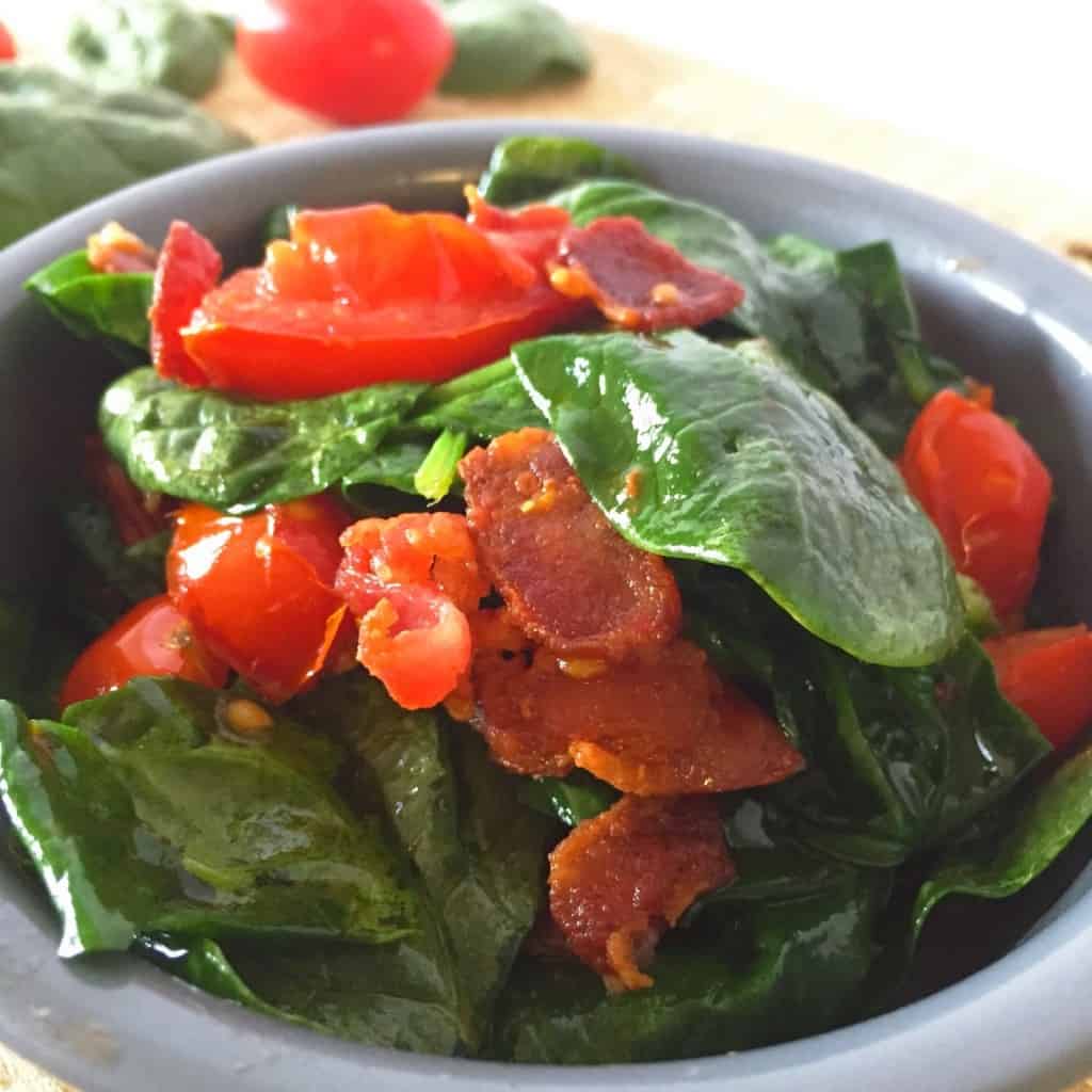 This delicious BLT inspired Spinach Side Dish is a quick and easy add on it any meal. This healthy vegetable goes great with the bacon & tomato combination!