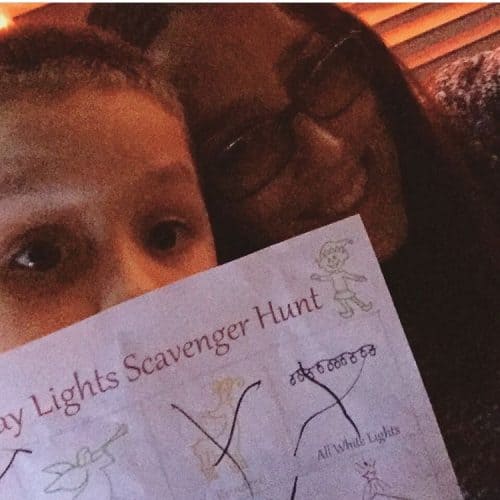 Grab this free printable Holiday Lights Scavenger Hunt for a fun new family tradition! Search for Christmas lights with your little ones. Cute pictures allow even the youngest kids to play!