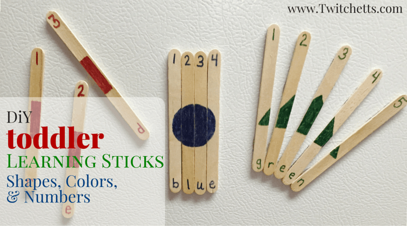 Create these fun learning sticks to teach numbers, shapes, and colors. Perfect for a quick toddler activity. 