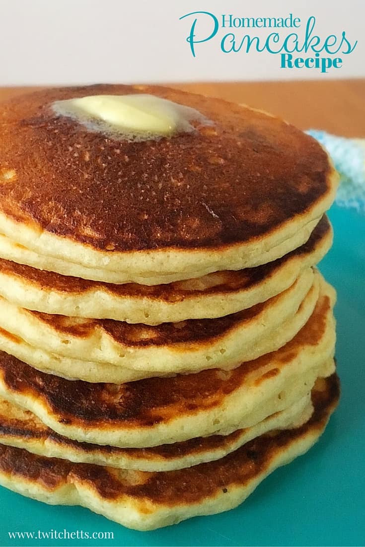 Homemade Pancake Recipe. Simple and delicious breakfast recipe. Perfect for dinner too! Plus you can make ahead and freeze for later!