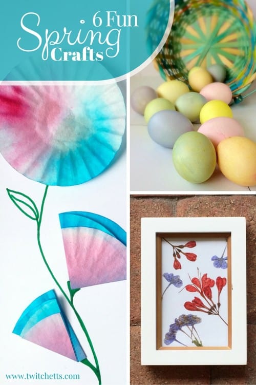 6 Fun Spring Crafts. Eggs for Easter and Flower craft tutorials. Includes easter eggs, coloring pages, pressed flowers, foil flowers, doily roses, and coffee filter flowers
