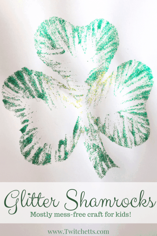 These Mostly Mess Free Glitter Shamrocks are fun St. Patrick's Day Crafts for kids. A fun Shamrock craft that creates a fun St Patricks Day decoration.