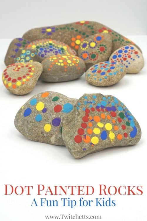 Dot painting on rocks is a style of stone painting that can be found all over. Using this DIY dotting tool, even kids can join in the fun. Create colorful mandalas, bright flowers, or just a collection of colored dots. #dotpaintongonrocks #rockpaintingideas #rockpaintingtips #dotpainting #paintingonrocks #rockdotpainting #stonepainting #paintedpebbles #twitchetts