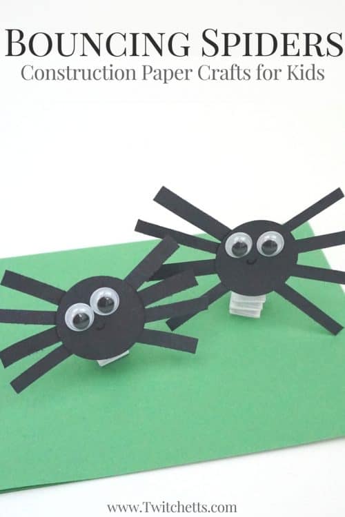 Bouncy construction paper spiders that use up some of your black construction paper. These are fun Halloween crafts for kids. #spiders #paperspiders #blackconstructionpapercrafts #bouncingspiders #papertoy #craftsforkids #halloween #twitchetts