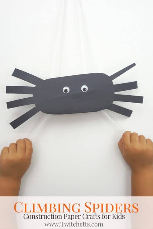 Create Climbing Construction Paper Spiders PIN2 construction papers spiders using black construction paper. A fun Halloween kids craft that they can play with when they're finished! #spidercraft #paperspider #halloween #craftsforkids #constructionpaper #twitchetts