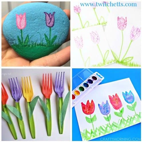 Tulip crafts for kids. Tulips Art projects for kids. From tulip painting to paper tulips. These spring crafts are perfect for kids as young as preschool! #tulipcraftsforkids #tulipcraftpreschool #tulipartprojectsforkids #springcraftsforkids #springartprojects #papertulips #tulippainting #tulipart #twitchetts