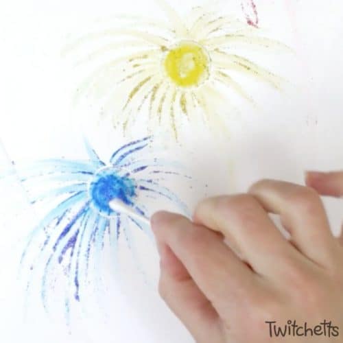 Create amazing firework art using this fun technique. Add in some mess-free glitter, and you have a fun and sparkly patriotic craft that your kids will love creating.