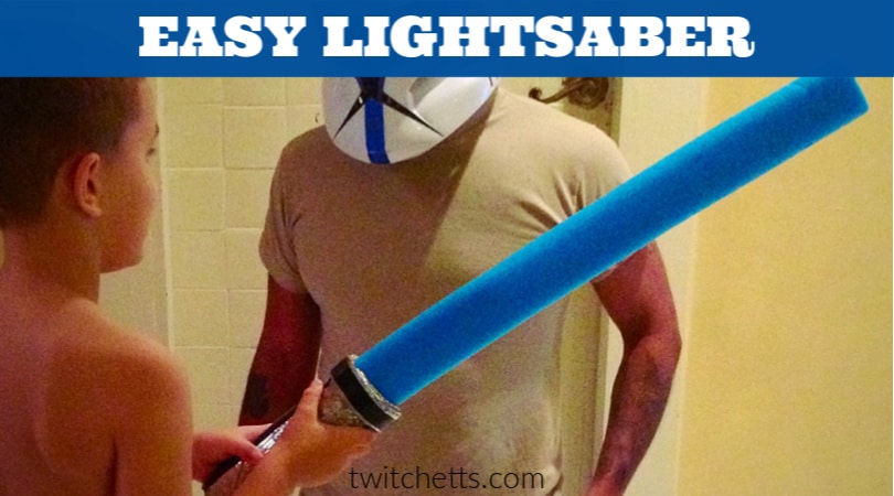 How to make an easy lightsaber using a pool noodle, cardboard and some foil. Great for a Star Wars birthday party. #twitchetts