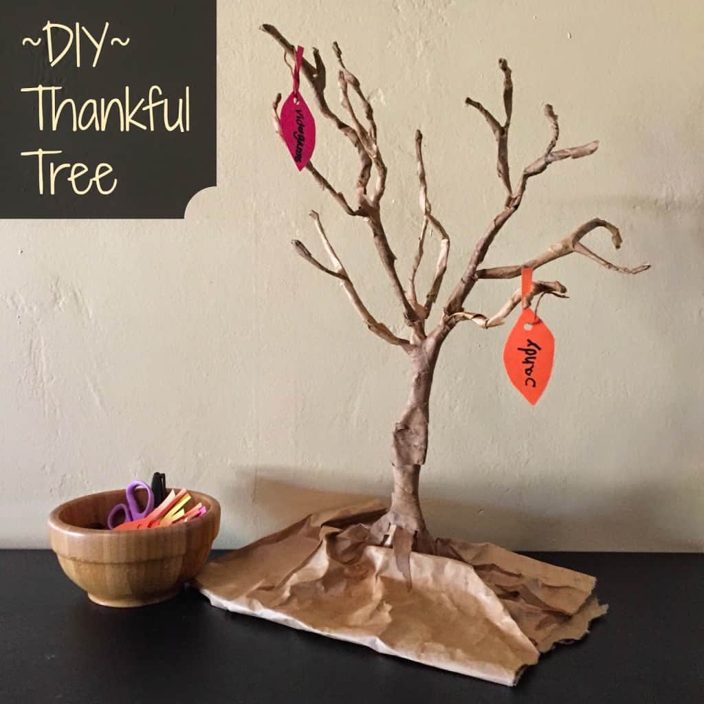 Create a DIY Thankful tree for one of your thanksgiving decorations this year! This activity will help you teach your kids the meaning for the season. #thankfultree #thanksgivingtree #thanksgivingfamilytraditions #thanksgivingcraft #thankful #craftsforkids #thanksgivingdecoration #decor #twitchetts