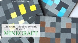 Any MineCraft fan will love these easy DIY creations. Swords, Pickaxes, working Torches, and bricks. For decorating, party activities, or everyday play.