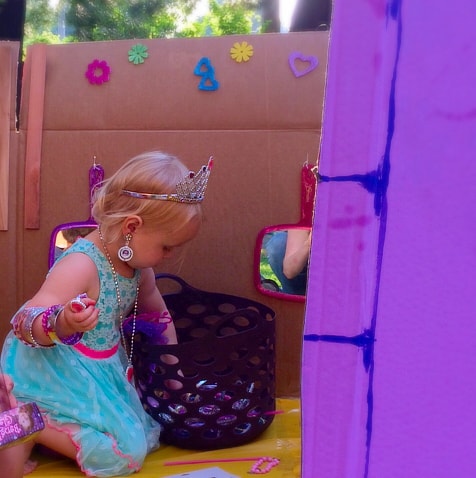 Princess Party 3rd Birthday Ideas. Cardboard Castle and naturally colored cake.
