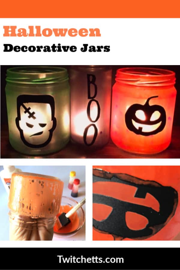 These decorative Halloween jars are easy and fun to make. Kids will love helping to create these recycled Halloween decorations!  #twitchetts