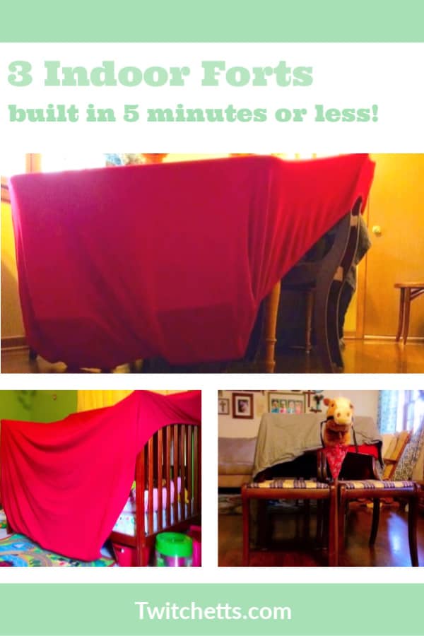 If you're stuck inside, you don't want to miss these 3 easy forts to make inside. Each one of these cool forts can be constructed in 5 minutes or less. So it's perfect for a snow day, extra hot day, or rainy day! #twitchetts