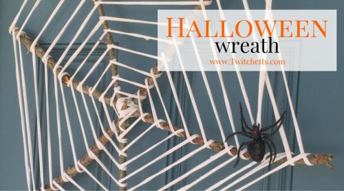 This easy Halloween Wreath is the perfect upcycled craft project! Using T-Shirt yarn and sticks from the yard it is an inexpensive Halloween Decoration.