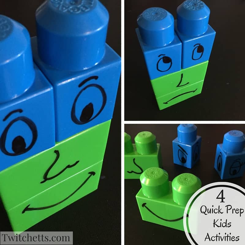 Here are 4 quick prep kids activities. With limited supplies you can get these together in no time! Get new life from your mega blocks. Simple faces to mix and match.