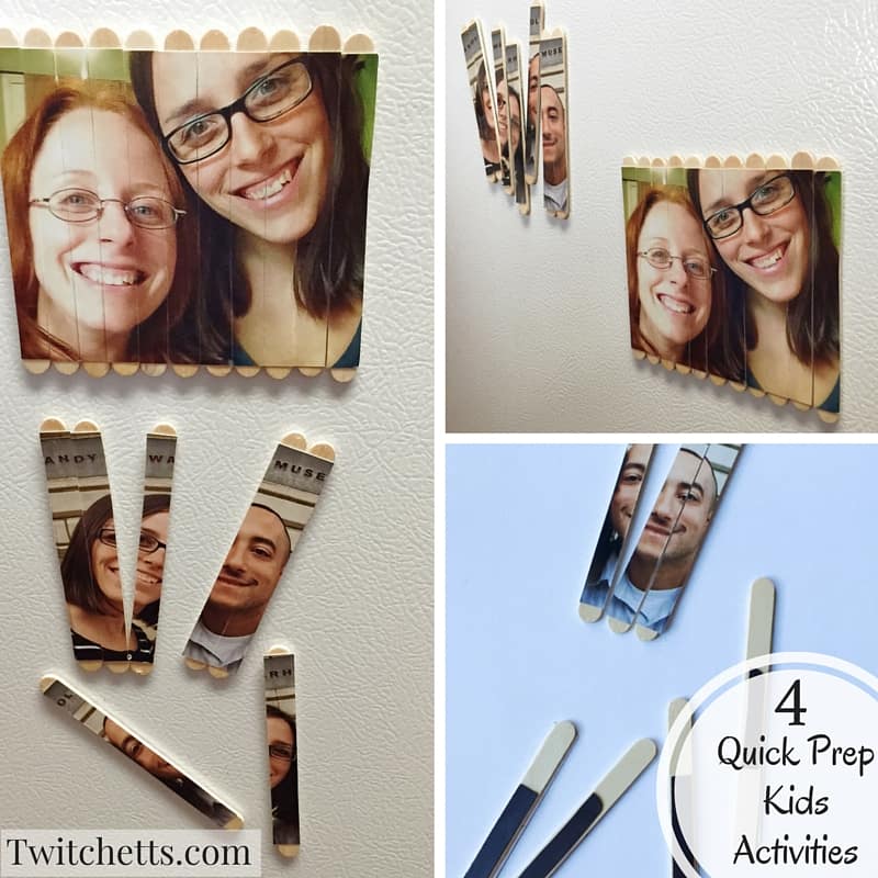 Here are 4 quick prep kids activities. With limited supplies you can get these together in no time! Custom picture puzzles made with popcycle sticks. Add magnets for even more fun!