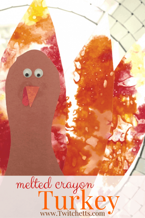 Create melted crayon turkeys for some Thanksgiving fun! These turkey suncatchers are perfect for decorating your home or classroom. And no two will look the same! #turkey #meltedcrayon #thanksgiving #classroomcraft #suncatcher #craftsforkids #twitchetts