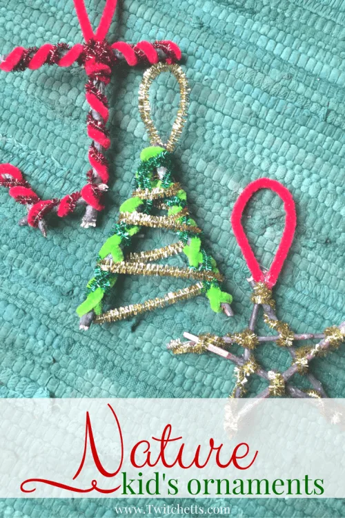 Create a fun nature ornament using sticks. Your kids will love the process from start to finish and they are fun to hang on your Christmas tree. #natureornament #christmasornament #kidmade #holiday #sticks #pipecleaners #kidscrafts #twitchetts