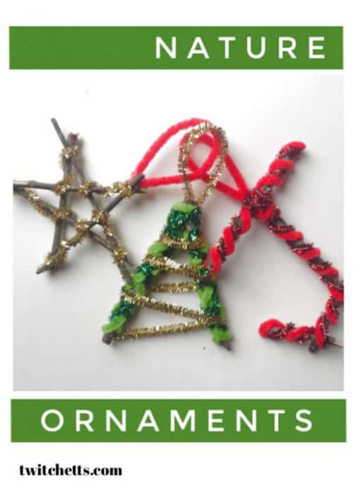Create a fun nature ornament using sticks. Your kids will love the process from start to finish and they are fun to hang on your Christmas tree. #natureornament #christmasornament #kidmade #holiday #sticks #pipecleaners #kidscrafts #twitchetts