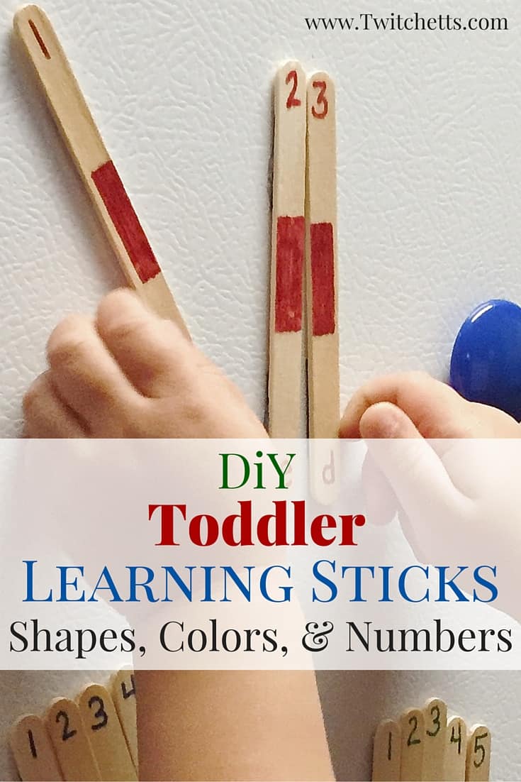 Create these fun learning sticks to teach numbers, shapes, and colors. Perfect for a quick toddler activity. 