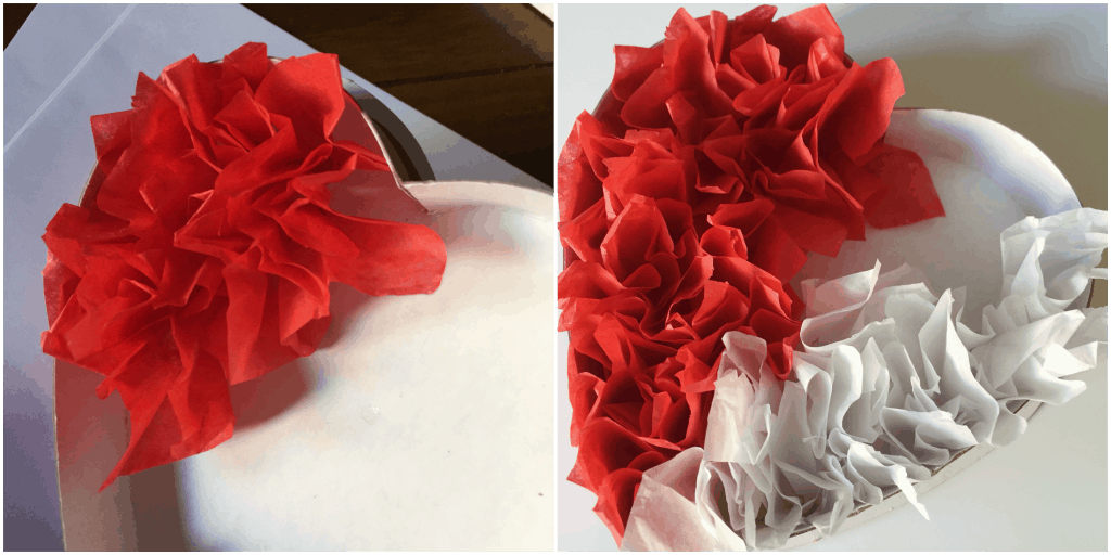 These upcycled tissue paper hearts are the perfect Valentine's Day decorations. Reuse some of that Christmas tissue paper & upcycle a chocolate heart box.