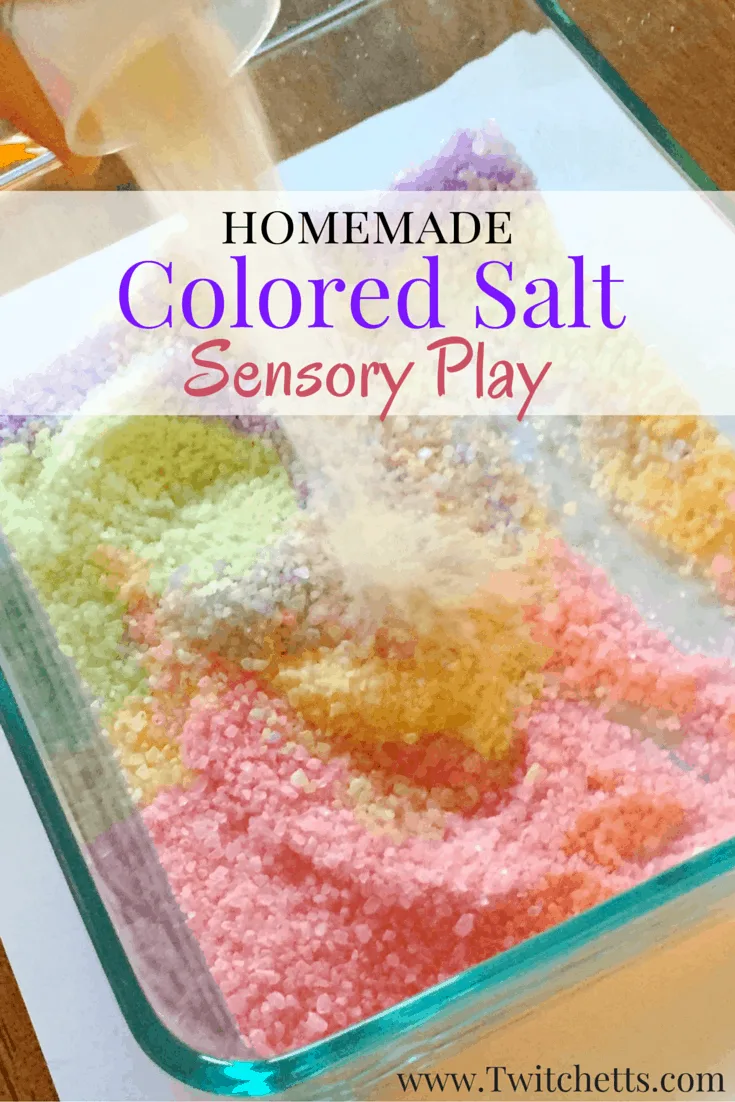This fun colored salt can be used for sensory play or fun kids crafts. This is a quick toddler activity and the older kids enjoy playing in it too!!