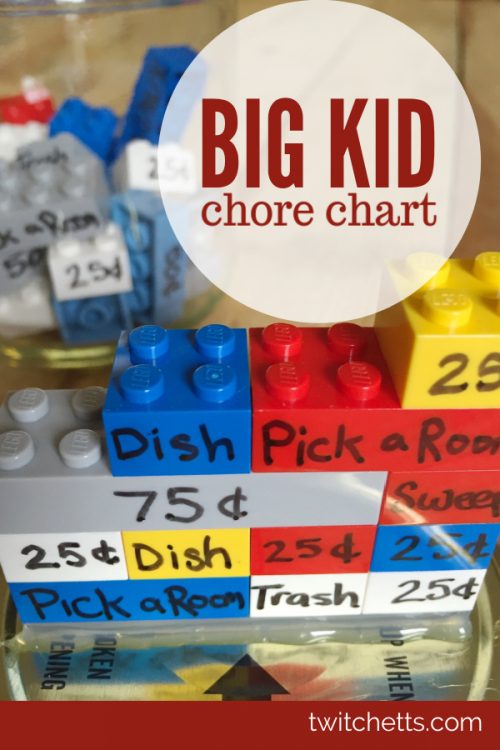 Image of chore chart made from Lego. Text Reads "Big Kid Chore chart"