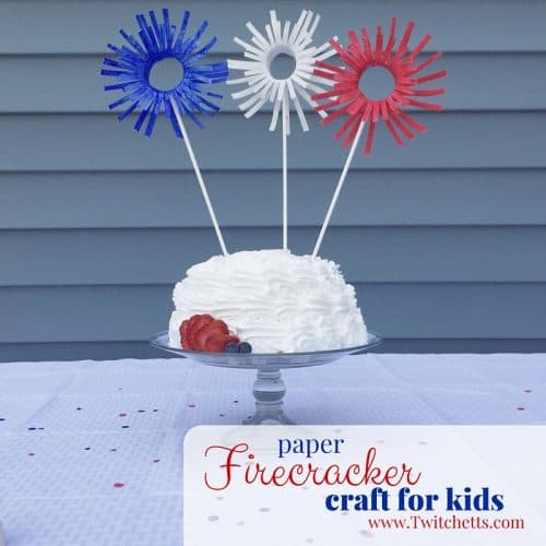 These paper firecracker crafts are the perfect kids craft for the 4th of July. Could be used as party decor or just as a fun activity for the kids. These are set up for cake decoration. Could be a fun Independence day or Memorial Day table decor!
