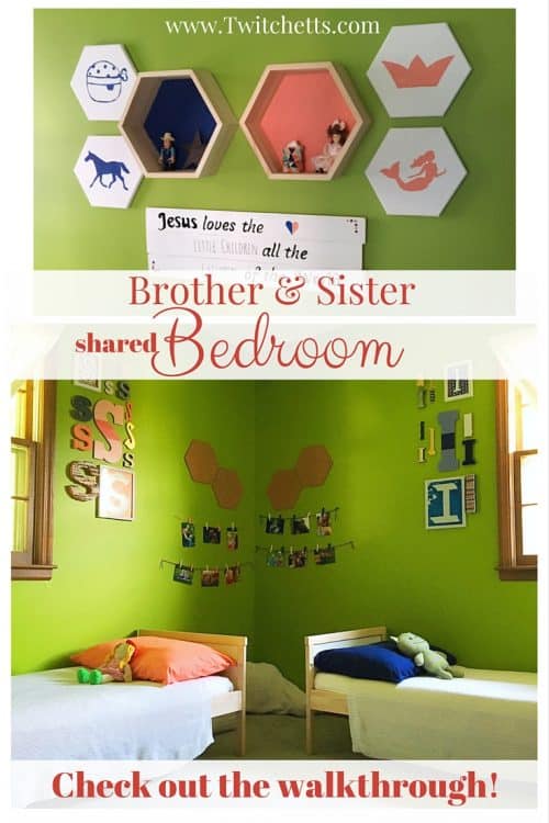 Brother and Sister shared bedroom. Great ideas for gender neutral room. Used coral and blue colors. Simple design with corner beds. DIY tips and super affordable.