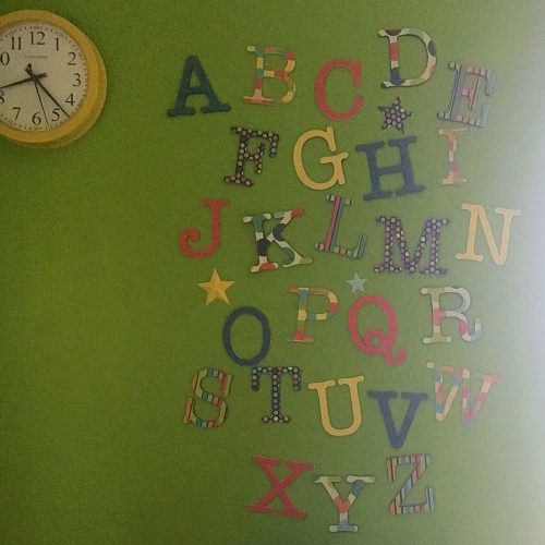 Inexpensive Nursery Wall Decor. An inexpensive way to create an alphabet collage plus decor for over the crib, that wont hurt the baby if it falls off the wall.