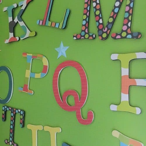 Inexpensive Nursery Wall Decor. An inexpensive way to create an alphabet collage plus decor for over the crib, that wont hurt the baby if it falls off the wall.