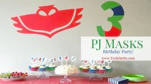 An overview from a 3 year old's birthday party. This PJ Masks party theme was a blast! So many fun ideas for food, decorations, party favors, an activity, and more!