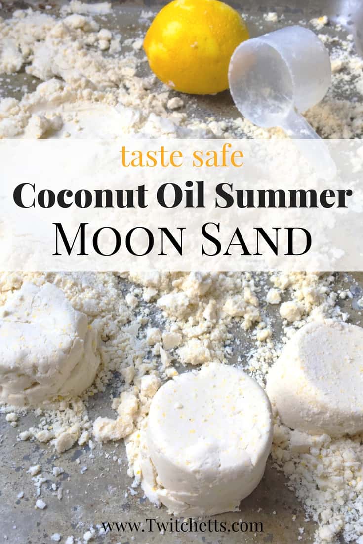 Whether you call it moon sand, cloud dough, or kinetic sand this recipe is perfect! It is taste safe coconut oil moon sand. We added a fun summer twist as well!
