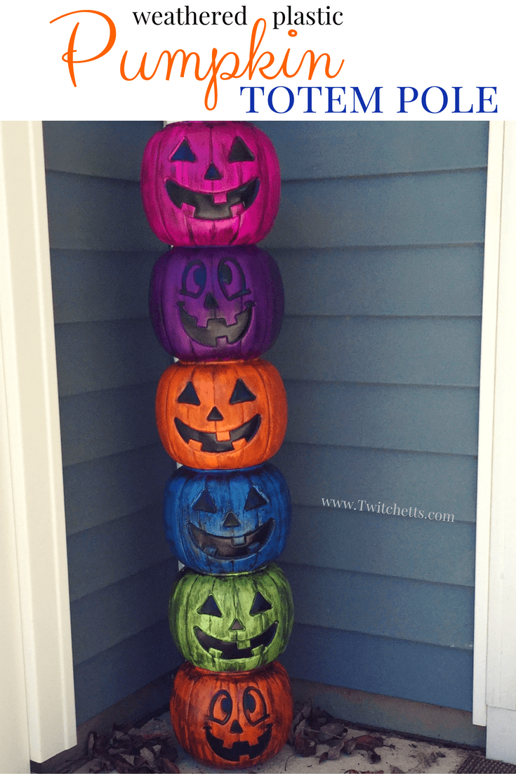 Create a fun pumpkin totem pole for a quick and easy Halloween decoration! DiY instructions for making your own weathered plastic pumpkins too!