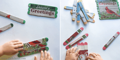 Grab a few Christmas cards together to make some of these fun craft stick puzzles! All you need are a few holiday cards and popcycle sticks. These Christmas card puzzles are a great kids activity you can pull out anywhere!