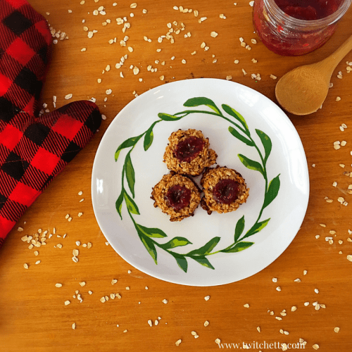 Thumbprint Cookie-oatmeal thumbprint cookies using any flavor of jelly. Perfect for a Christmas cookie or toddler snack.