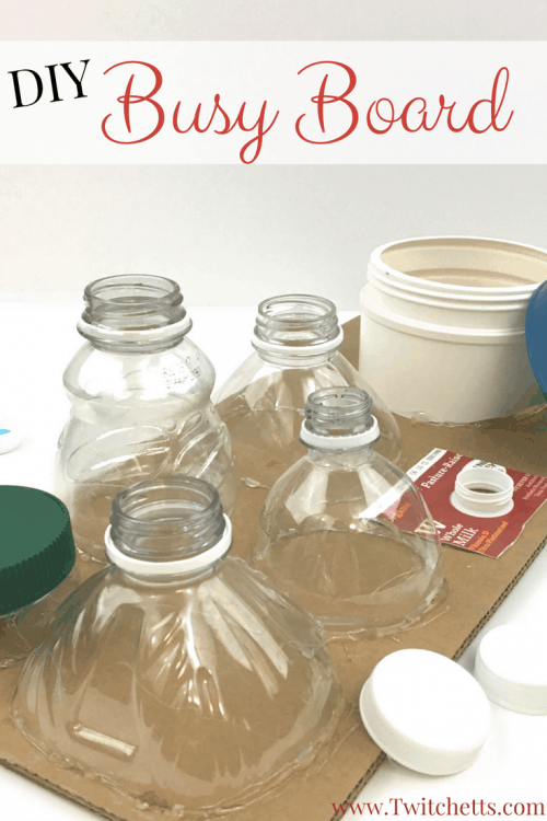 Fine motor activities for kids using plastic bottles. Create a preschool busy board using recycled water bottles.