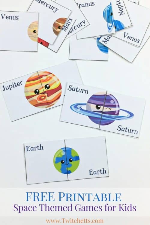 Grab this free printable and play two space themed games. This printable solar system game is perfect for preschoolers. Get them interested in outer space by playing a matching game or a fun round of memory.
