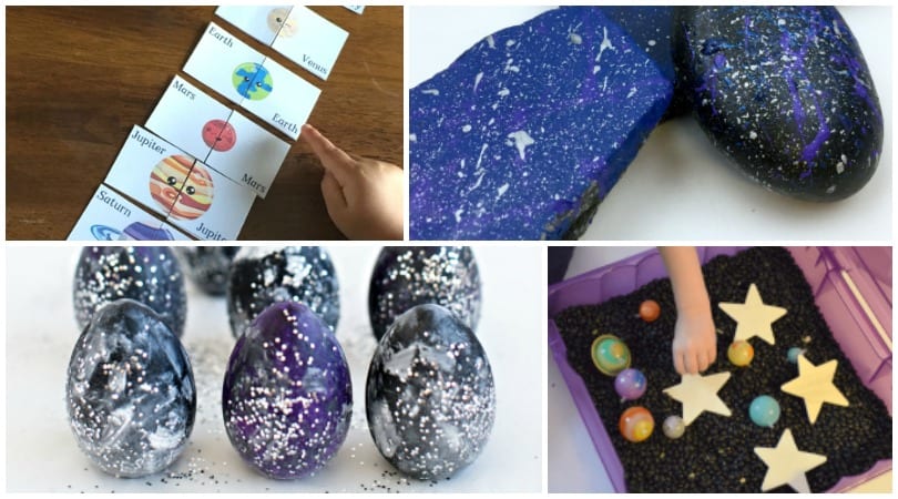 Space theme. Outer space crafts, activities, printables, games, and toys. Perfect for preschool and kindergarten. Play based learning to help talk about planets, the solar system, the sun, moon, stars and more!