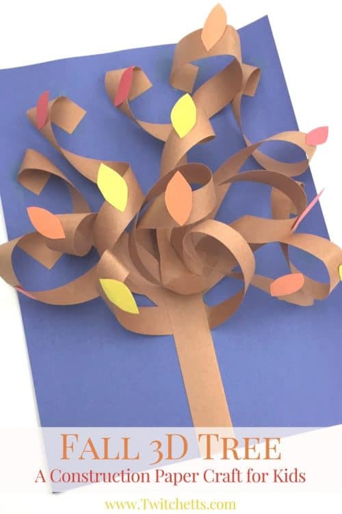 This constructions paper tree is a fun 3d construction paper craft. Create it all seasons by just switching up the fall leaves for blossoms, green leafs, apples, or leave them bare. #falltree #3dtree #autumntree #constructionpapertree #3dpapertree #autumncraft #fallcraft #preschoolcraft #constructionpaper #twitchetts