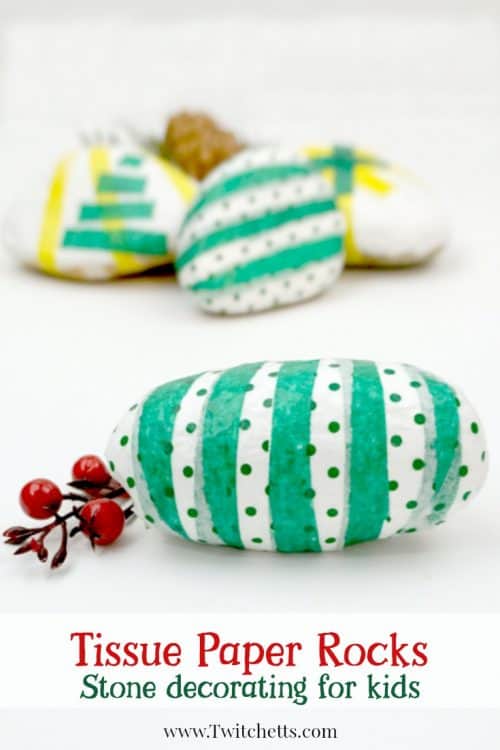 Create these beautiful tissue paper Christmas rocks to give as fun DIY holiday gifts or to hide around your neighborhood! #christmasrockpainting #tissuepaper #rocks #stonepainting #rockpaintingforkids #tutorial #kidmadegifts #stockingstuffer #holiday #twitchetts