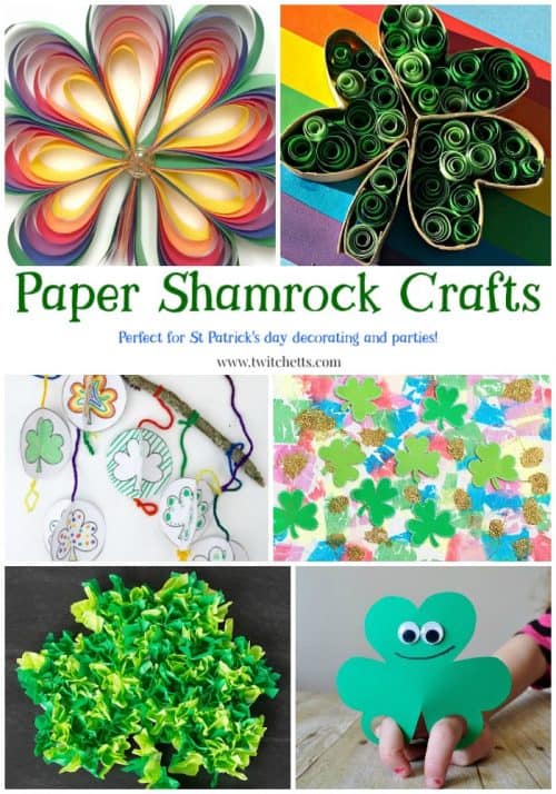 Paper Shamrocks. Fun St Patrick's Day crafts for kids. Perfect for decorating your classroom and entertaining at your St Patty's Day Party. #papershamrocks #stpatricksday #stpatricksdaycrafts #stpattys #shamrock #fourleafclover #shamrockcraft #fourleafclovercraft #craftsforkids #constructionpapercraftsforkids #twitchetts