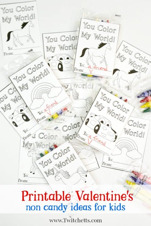 Your kids will LOVE passing out these printable valentine's day cards to color. Combine the cards with a small pack of crayons, and your children will fall in love with these non candy Valentine's idea!