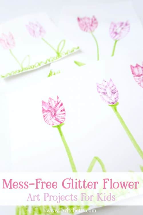 This mess-free glitter flower shimmers and sparkles like most glitter craft ideas...but without the crazy glitter cleanup! Check out this amazing spring art project for kids and see how easy they are to create. #messfreeglitterflower #messfreeglitter #glittercraftideas #craftstodowithglitter #tulipcraft #tulipartproject #springcraftsforkids #glitterartsandcrafts #glitterglue #flowercrafts #artprojectsforkids #twitchetts