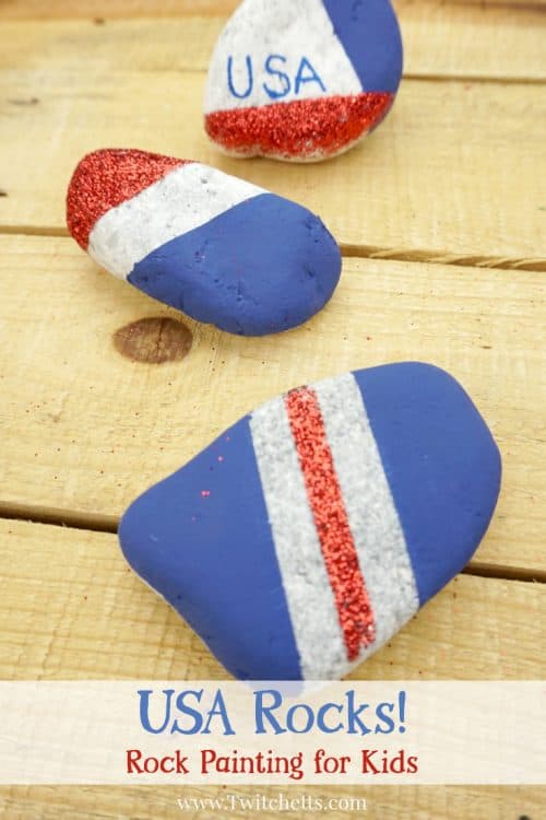 Create these amazing patriotic rocks that sparkle and shine with pride. This rock painting idea for kids is perfect for hiding around town and showing off those red, white, and blues. #patrioticrocks #4thofjuly #independenceday #usa #america #rockpaintingideasforkids #glitter #craftsforkids #artprojectsforkids #twitchetts