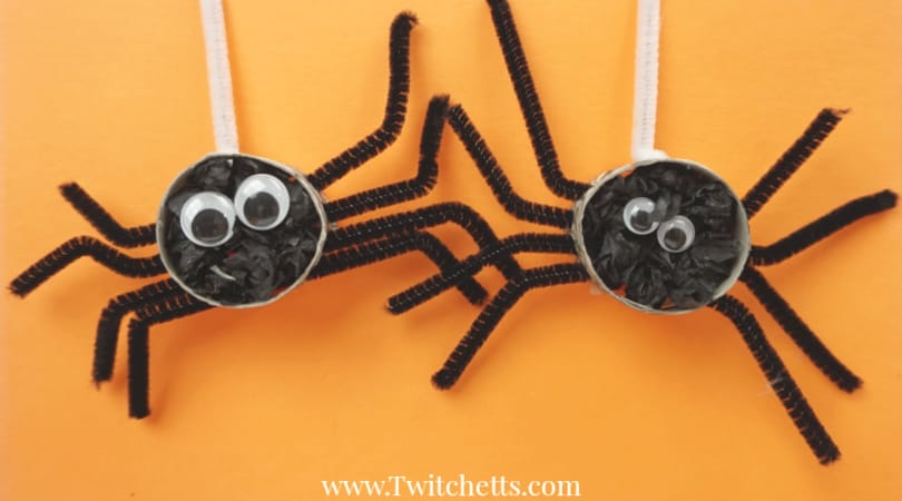 Create crepe paper spiders for a Halloween kid's craft that's loads of fun to create. These spider crafts are perfect for decorating a classroom or your living room. #spider #craft #crepepaper #tissuepaper #pipecleaners #halloween #preschool #finemotor #twitchetts