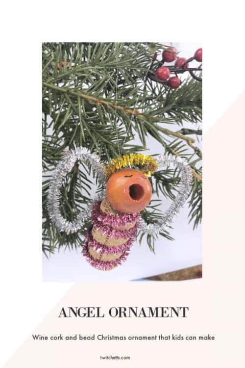 Make these fun angel wine cork Christmas ornaments to give as gifts or to hang on your tree. Kids will love creating these singing angels.  #angel #christmasornament #winecork #bead #angeldecorations #giftidea #ornamentskidscanmake #craftsforkids #twitchetts