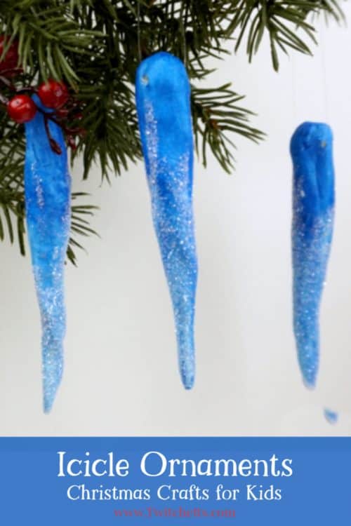 Create fun icicle ornaments using air dry clay. This craft is perfect for kids and adults. They will look lovely hanging from your holiday tree. #icicle #christmasornaments #holiday #winter #clay #kidscrafts #twitchetts