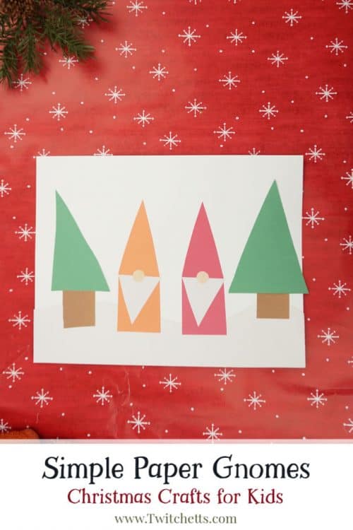 These easy paper gnomes use simple shapes to create. They are perfect for Christmas crafting, learning shapes, or just an afternoon of fun! Plus they use construction paper, which is one of our favorite craft supplies! #papergnomes #christmasgnomes #shapecraft #constructionpaper #gnomeactivity #craftsforkids #christmascraft #classroom #toddler #preschool #twitchetts