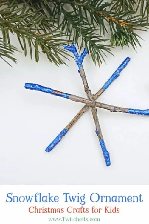 Create beautifully dipped twig snowflake ornaments using sticks from your yard! This is a great handmade ornament that kids can help create. #snowflakeornament #twigornament #twigsnowflake #christmasornaments #kidscrafts #christmascraft #classroomcraft #nature #giftsfromkids #twitchetts